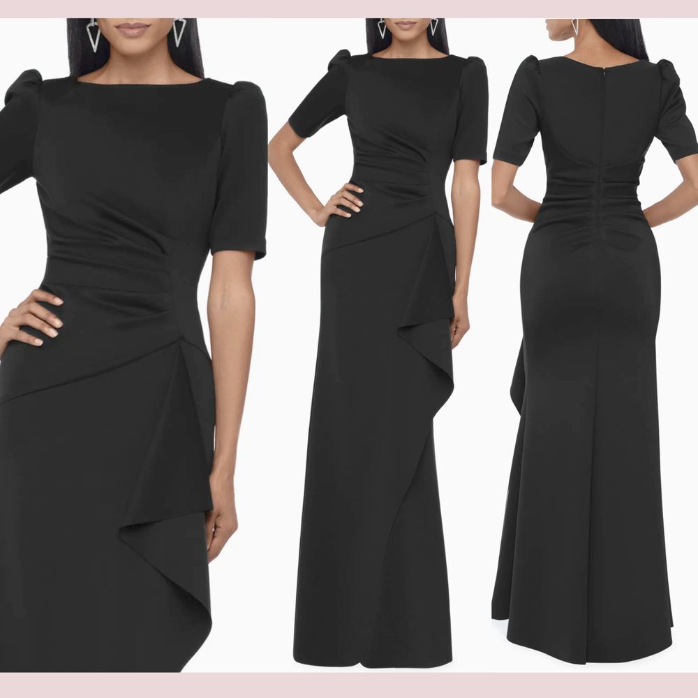 NWT $218 XSCAPE [ 14 ] Short Sleeve Ruffle Puff Sleeve Gown in‎ Black #Q1055
